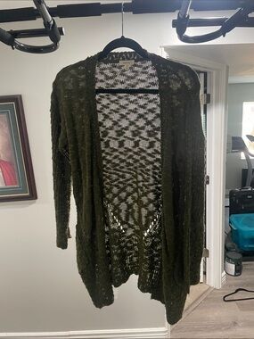 debut Olive Open-Weave Long Cardigan